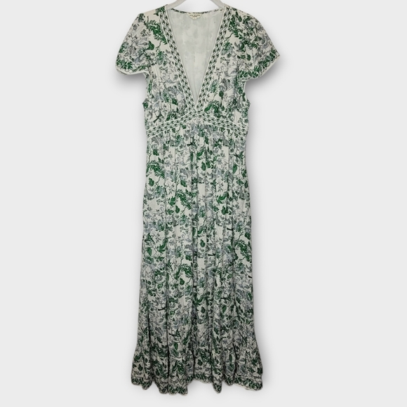 Max Studio Flutter Sleeve Tiered Maxi M Green Toile Print - Picture 1 of 7